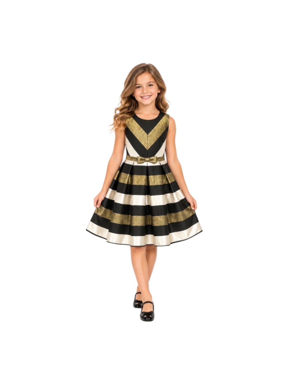 Bonnie Jean Girls Size 8 Black Gold Ivory Striped Holiday Party Dress